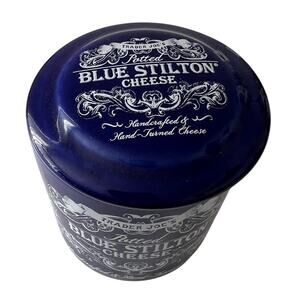 Cobalt Blue Stilton Cheese Trader Joe's Crock Lid Jar Ceramic Empty Excellent